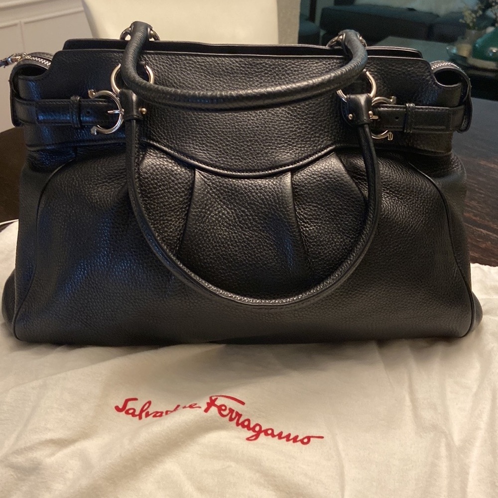 Authentic Salvatore Ferragamo Black Pebbled Leather with Silver Hardware Satchel
